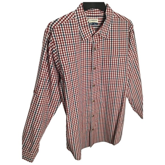 Magellan Outdoors Men's Loose Fit Long Sleeve Navy Burgundy Check Plaid Large - Picture 2 of 13